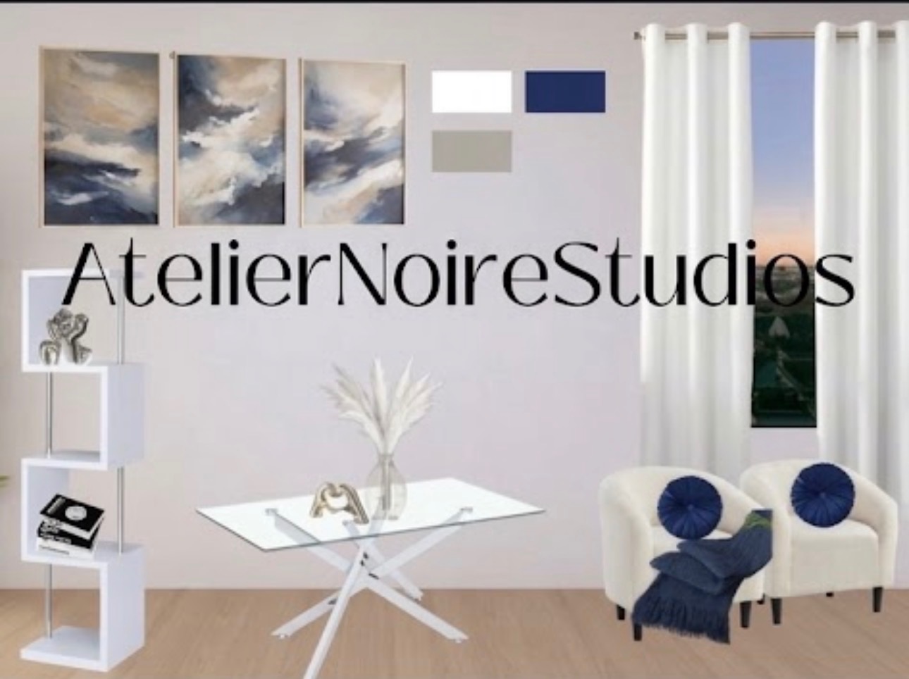 Virtual mockup of a dining corner with abstract cloud artwork, glass table, and cream armchairs with navy pillows