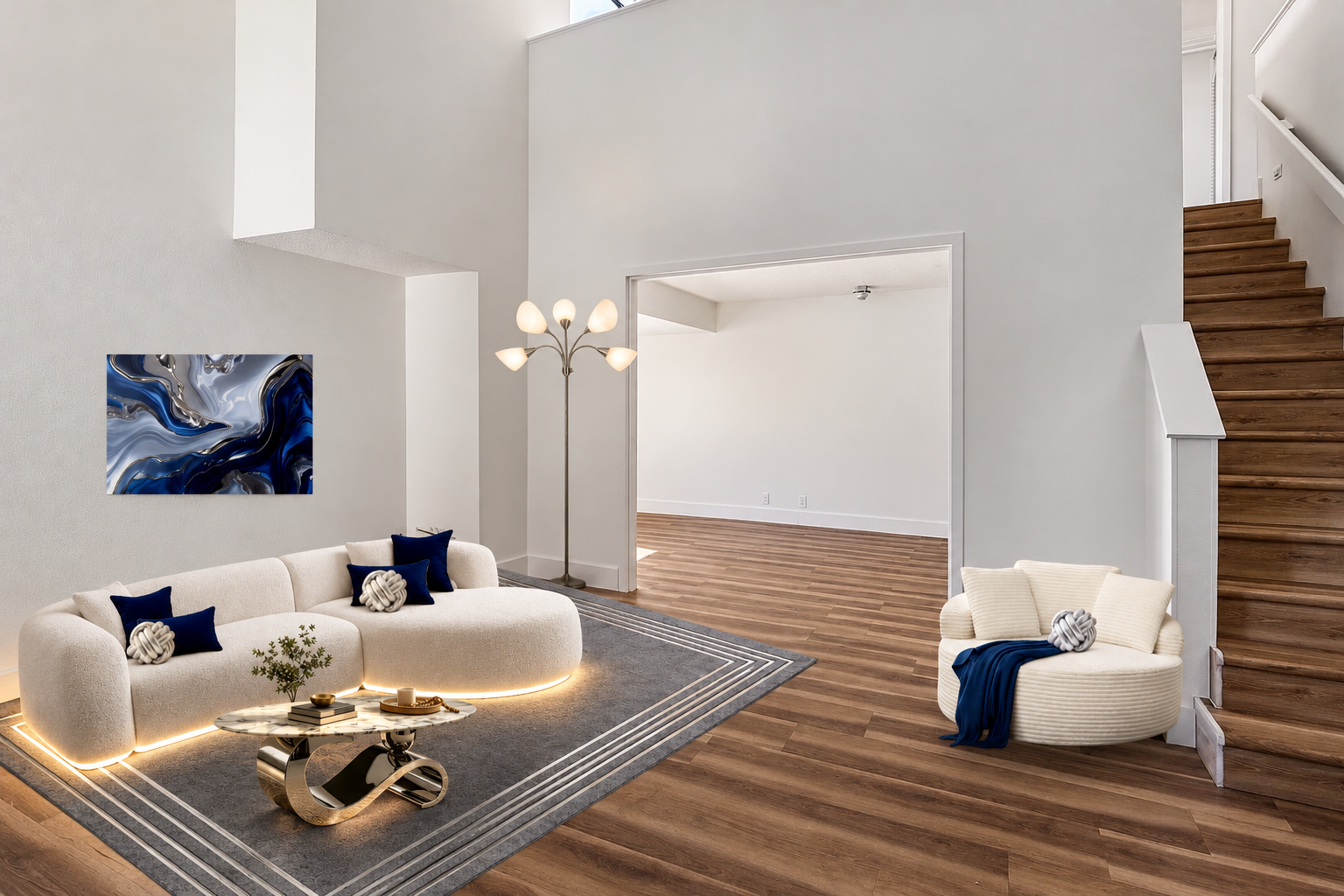 Virtual mockup of a high-ceiling living room with cream boucle sectional, navy pillows, and gold coffee table