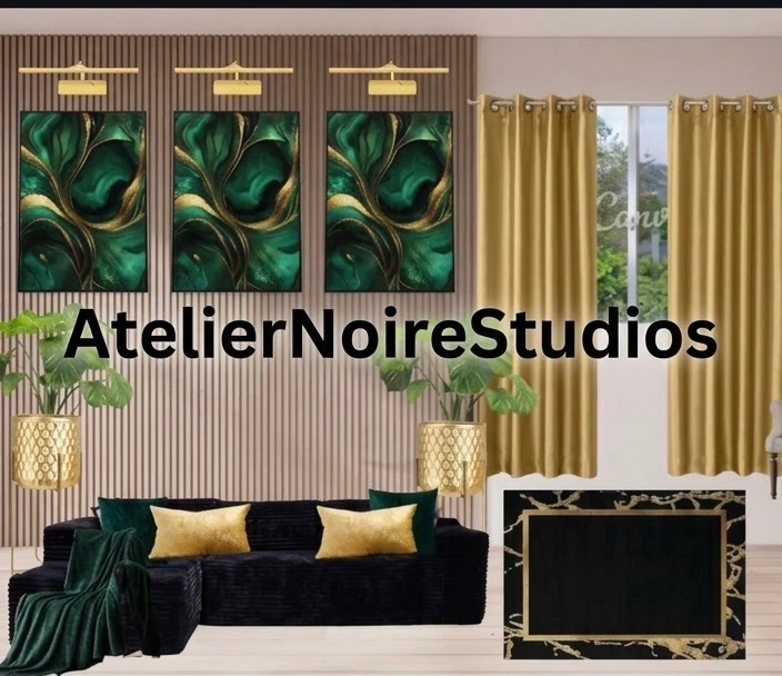 Virtual mockup of a living room with emerald art panels, gold sconces, and a black velvet sectional with gold pillows