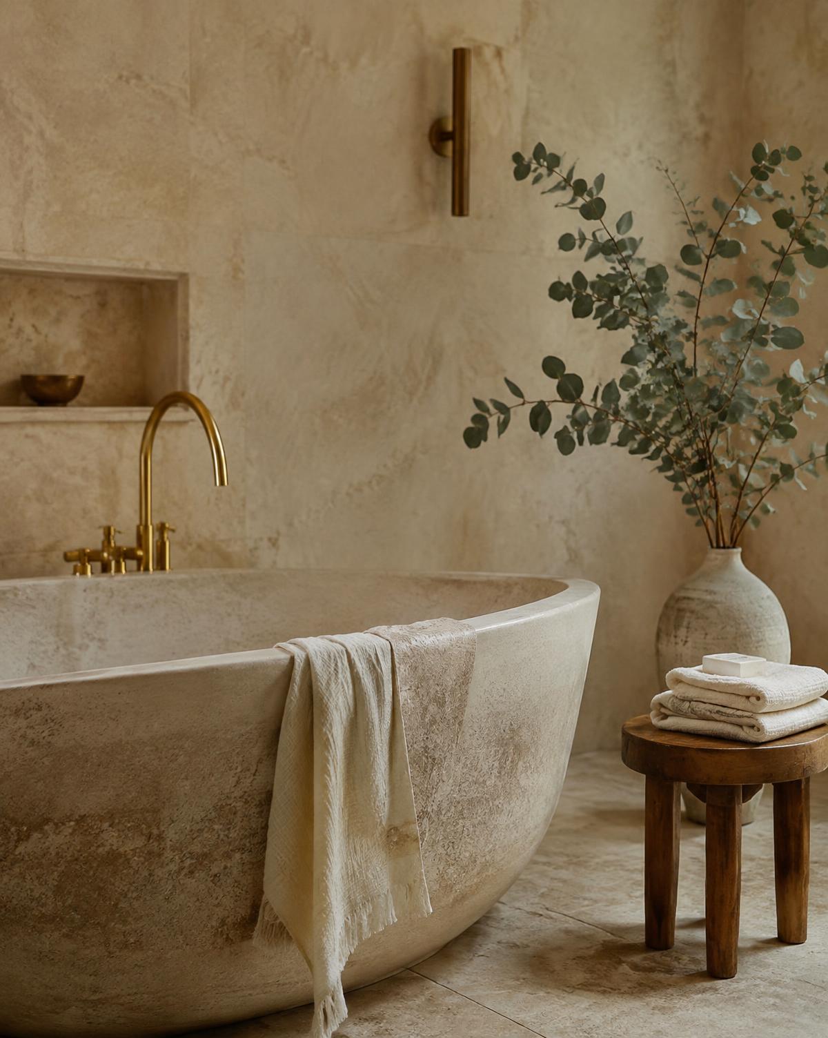 Spa-like bathroom with stone bathtub and brass fixtures