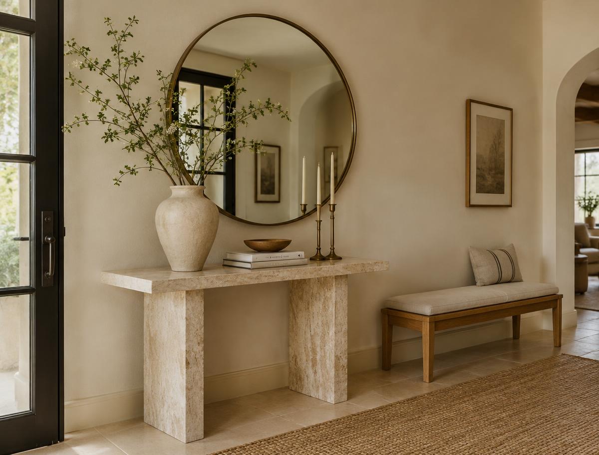 Serene entryway with travertine console table, round mirror, and oak bench