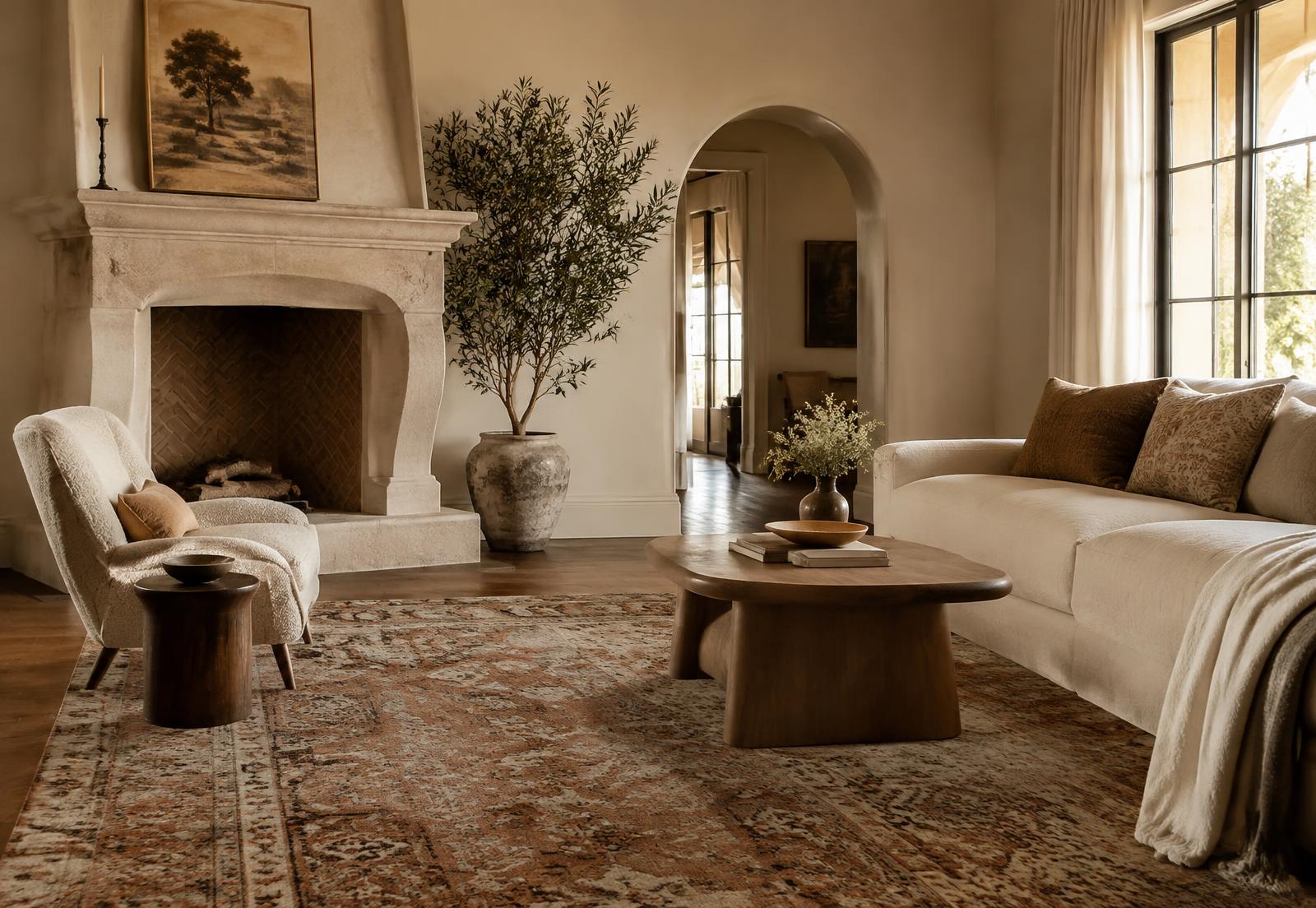 Living room with cream plaster fireplace and vintage rug