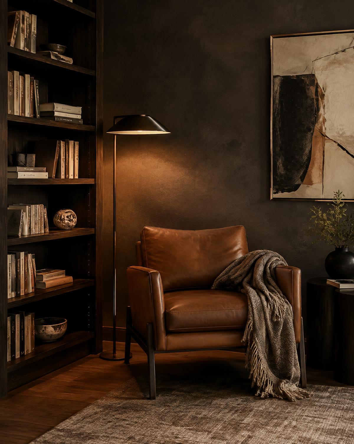 Moody reading corner with leather armchair and bookshelf