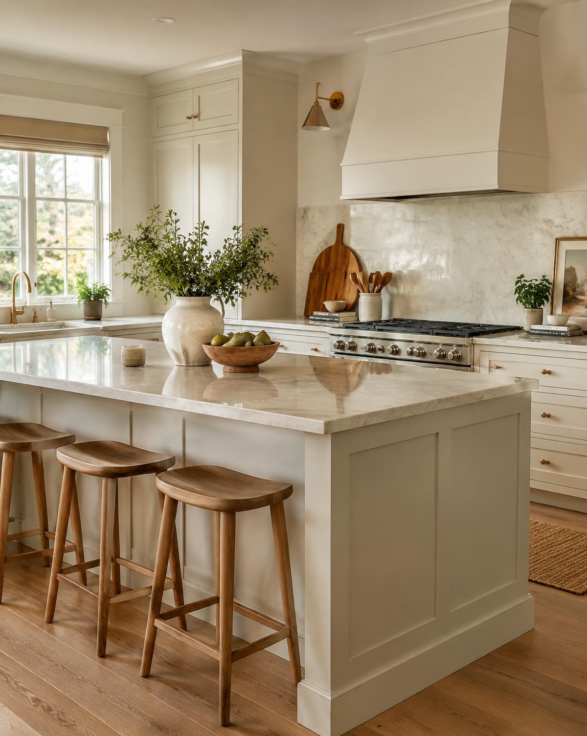 Bright kitchen prepared for listing photography with marble island