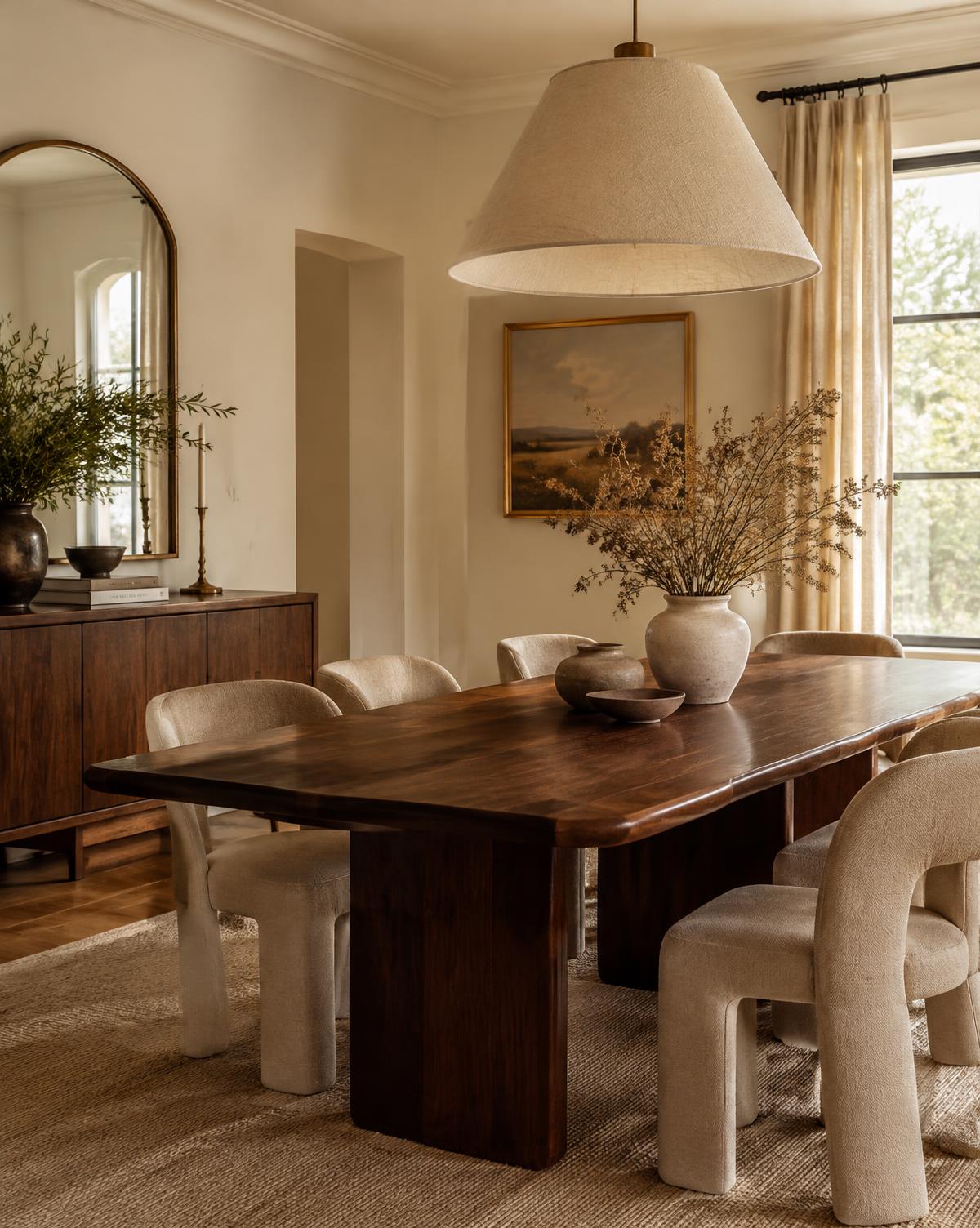 Elegantly staged dining room with walnut table and linen pendant light