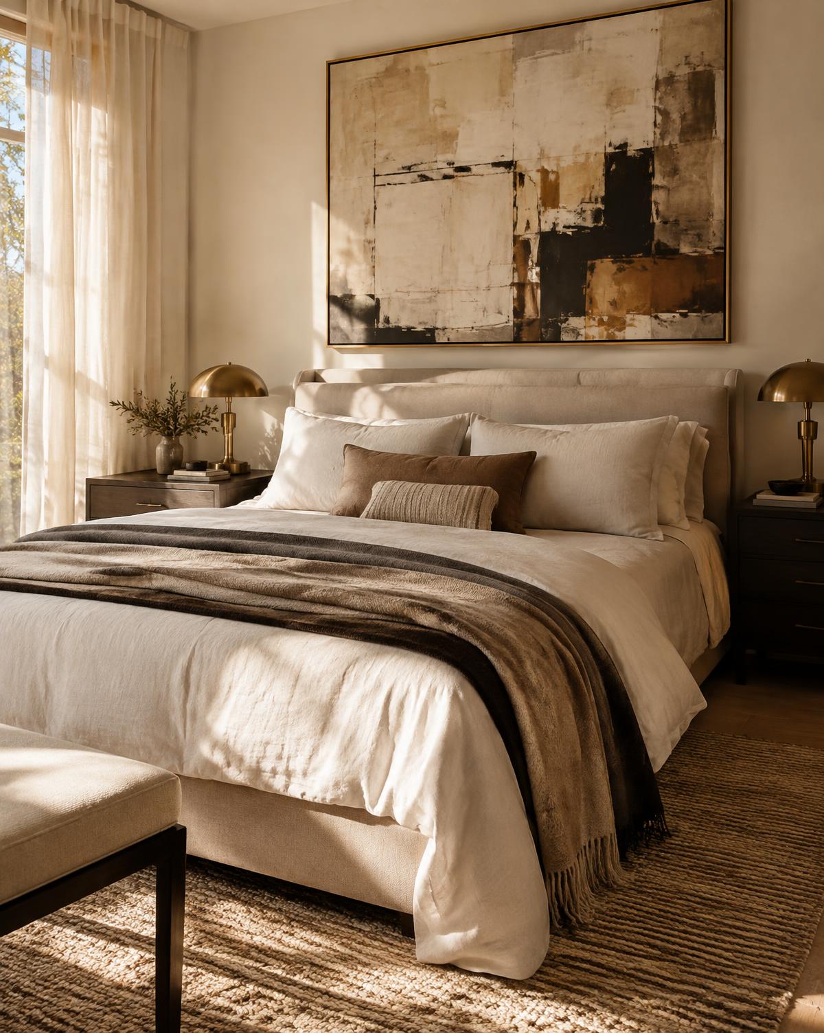 Refined bedroom with ivory linen bedding and brass lamps